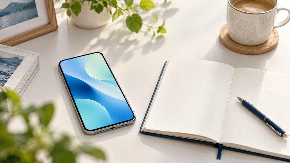 Smartfon z abstrakcyjnym niebieskim ekranem obok otwartego notesu i długopisu